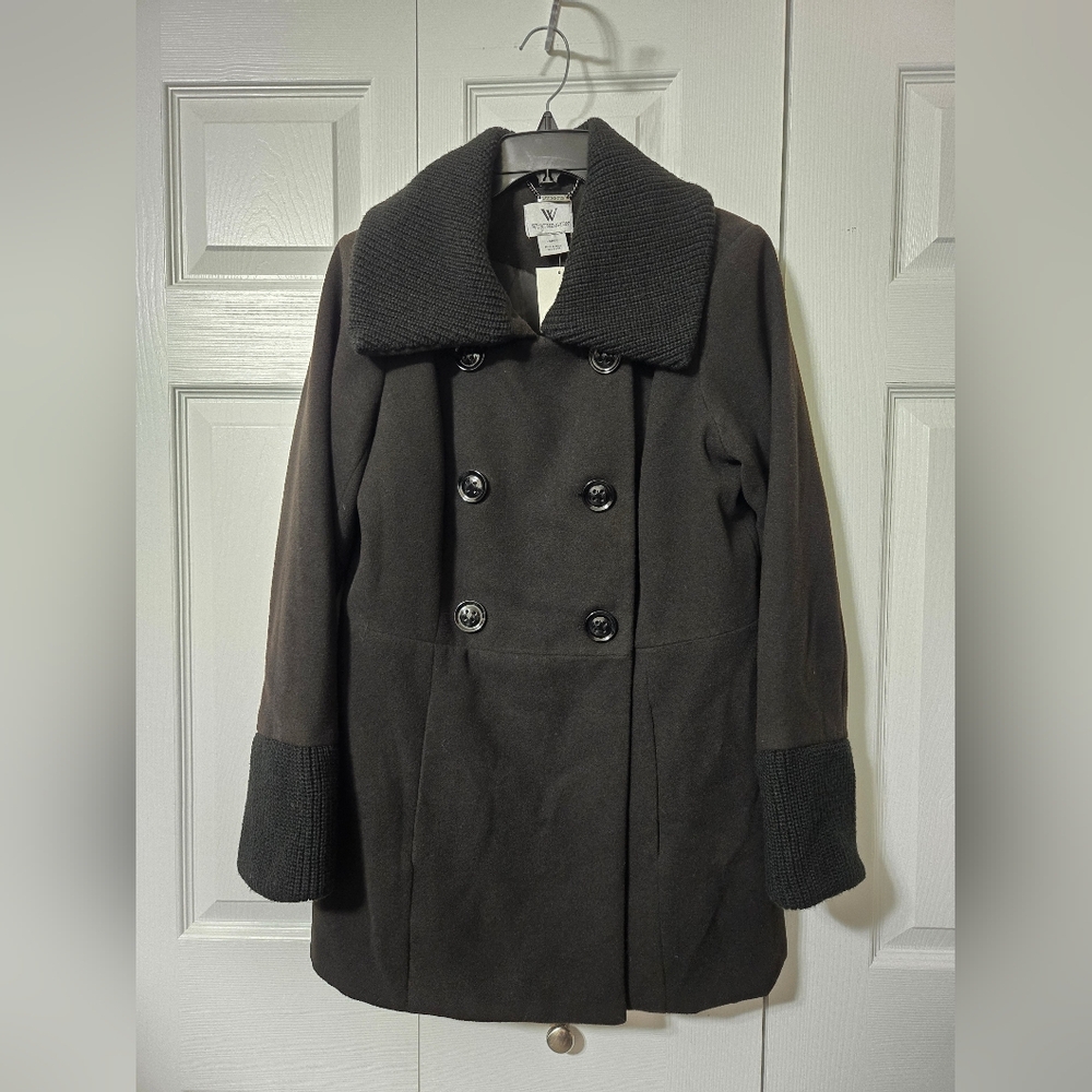 Black Double-Breasted Jacket w/Pockets, Knit Collar & Sleeve Cuffs, Large, New